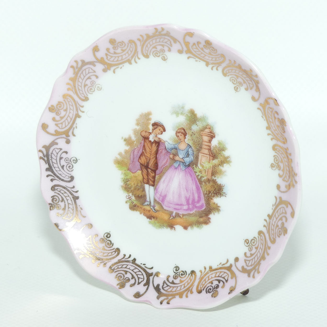 Limoges France Pink and Gilt border Courting Scene plate | 9.7cm wide