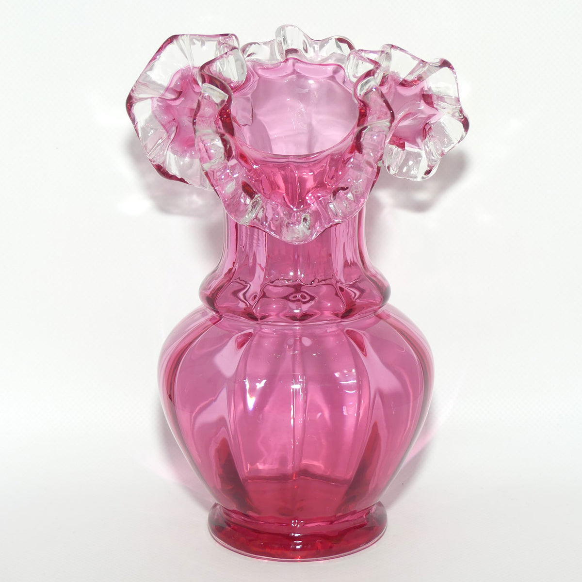 Vintage Cranberry Glass with Clear Ruffled Edge vase | #2