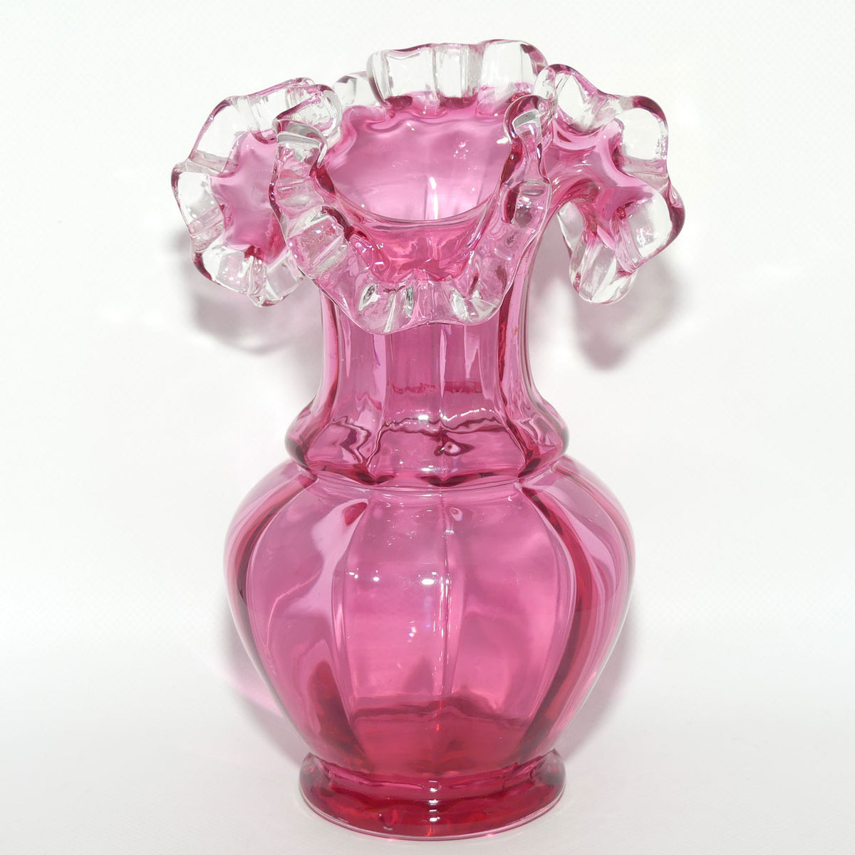 Vintage Cranberry Glass with Clear Ruffled Edge vase | #2