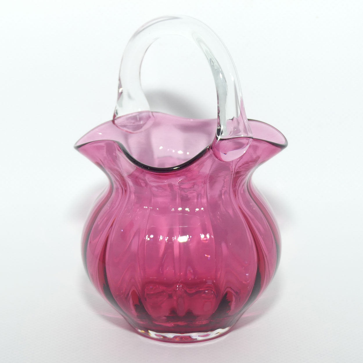 Small Cranberry Glass basket with clear glass handle