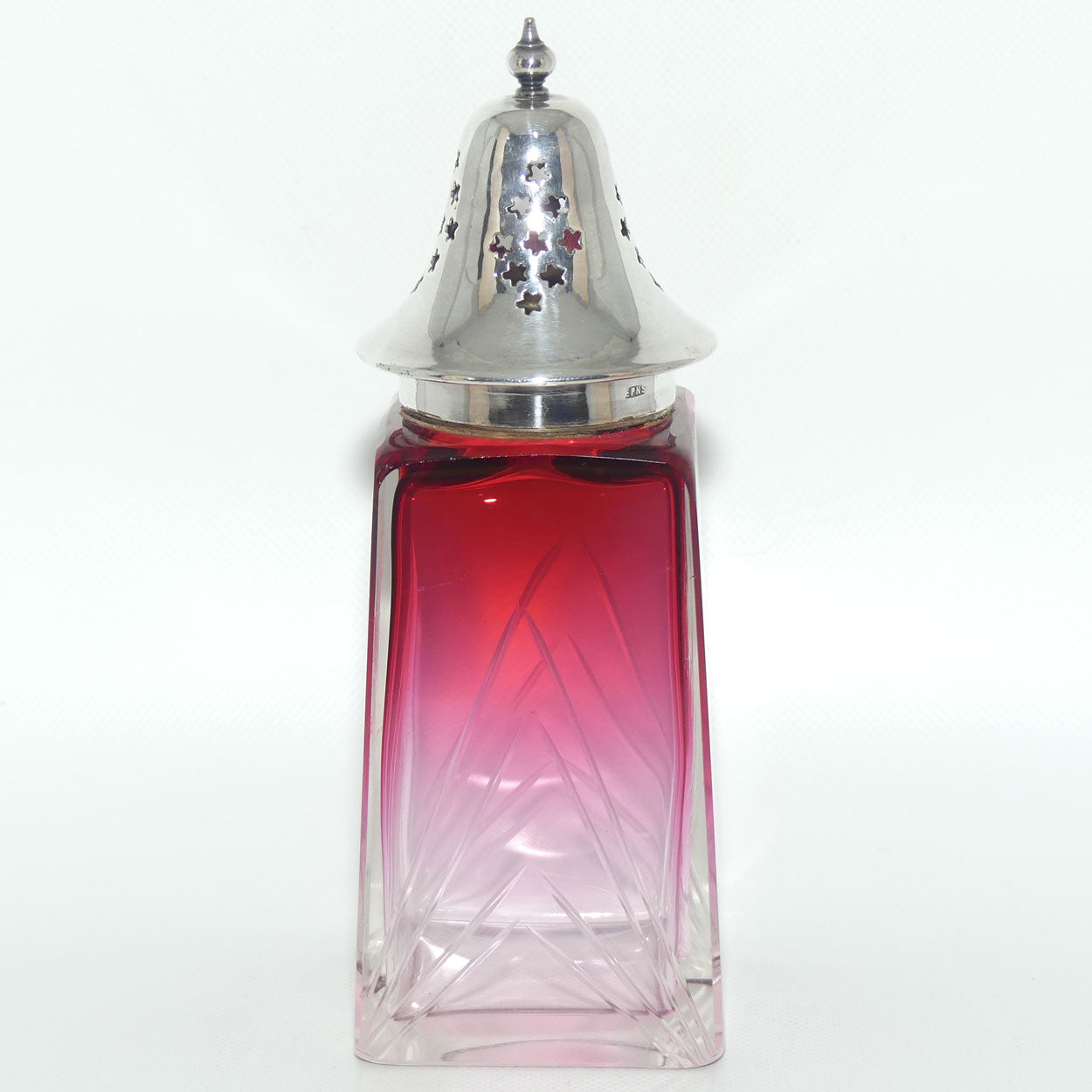 Victorian era Cranberry Glass with facetted design sugar castor | EPNS lid