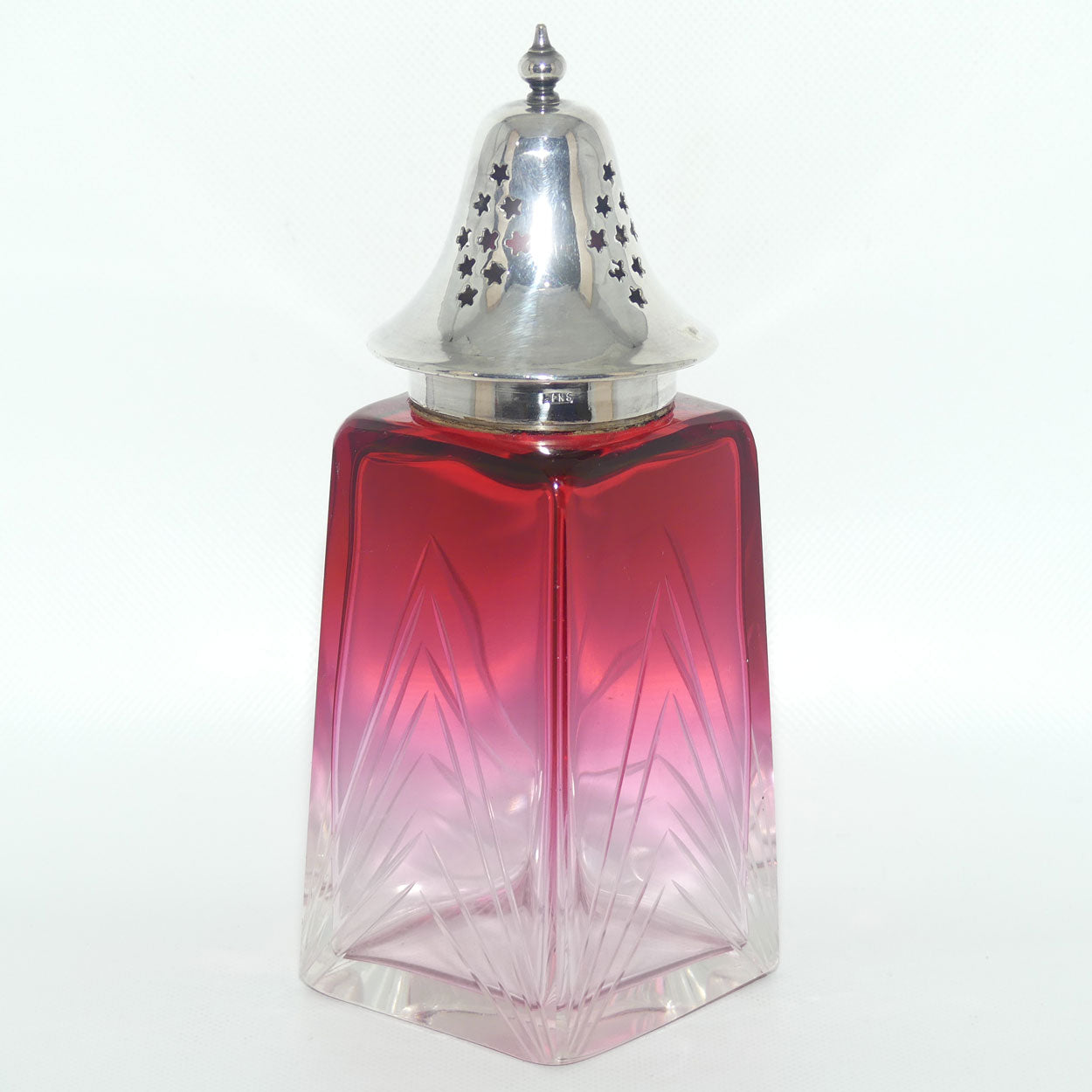 Victorian era Cranberry Glass with facetted design sugar castor | EPNS lid