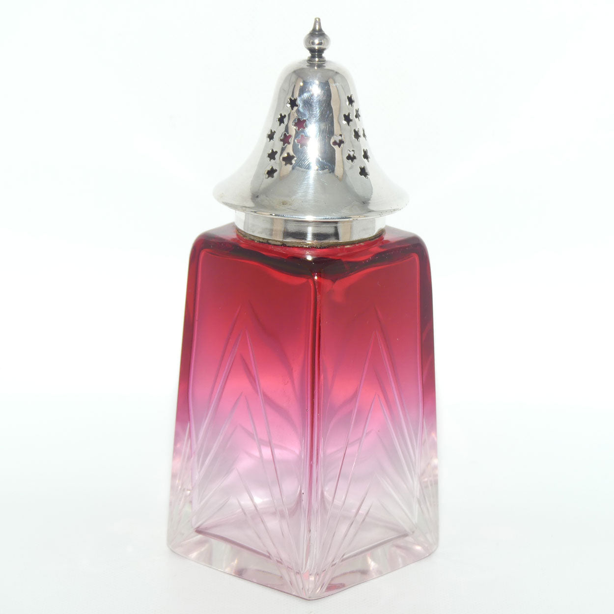 Victorian era Cranberry Glass with facetted design sugar castor | EPNS lid