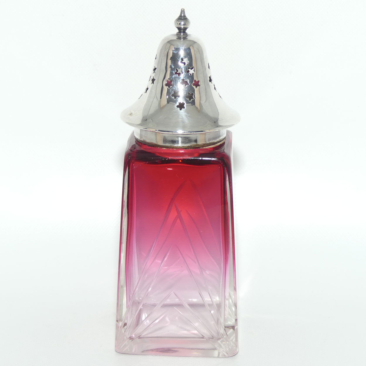 Victorian era Cranberry Glass with facetted design sugar castor | EPNS lid