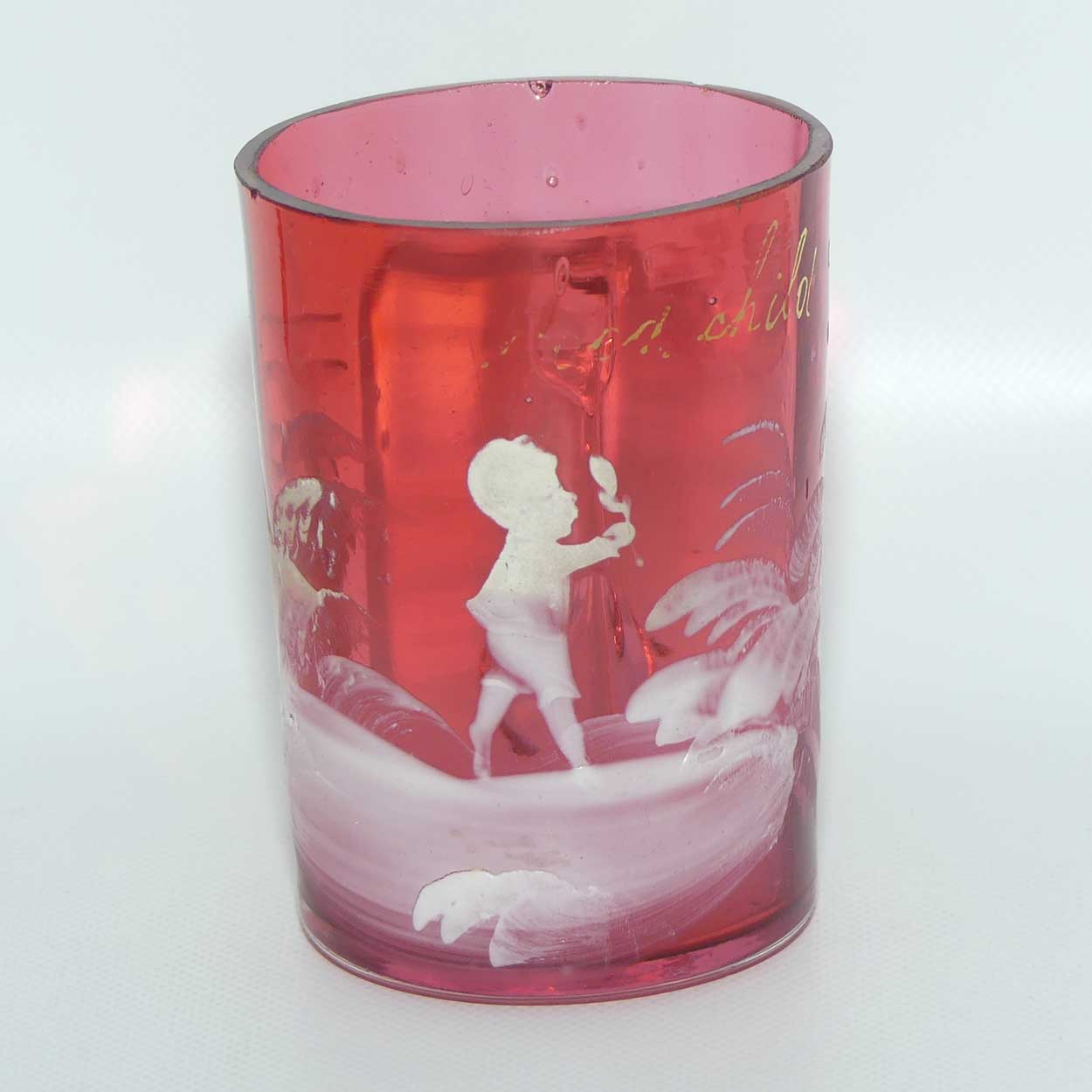 Mary Gregory on Cranberry Glass mug | Young Boy | Gilt Good Child and engraved Doris 1902