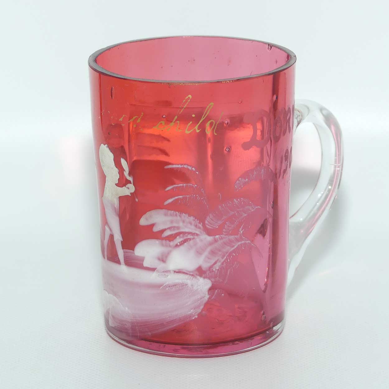 Mary Gregory on Cranberry Glass mug | Young Boy | Gilt Good Child and engraved Doris 1902