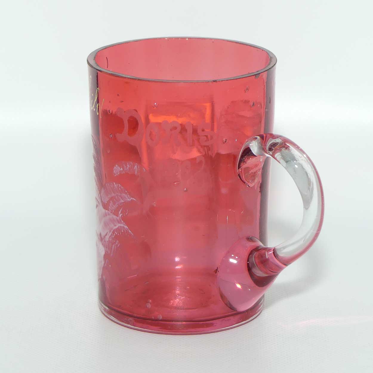 Mary Gregory on Cranberry Glass mug | Young Boy | Gilt Good Child and engraved Doris 1902