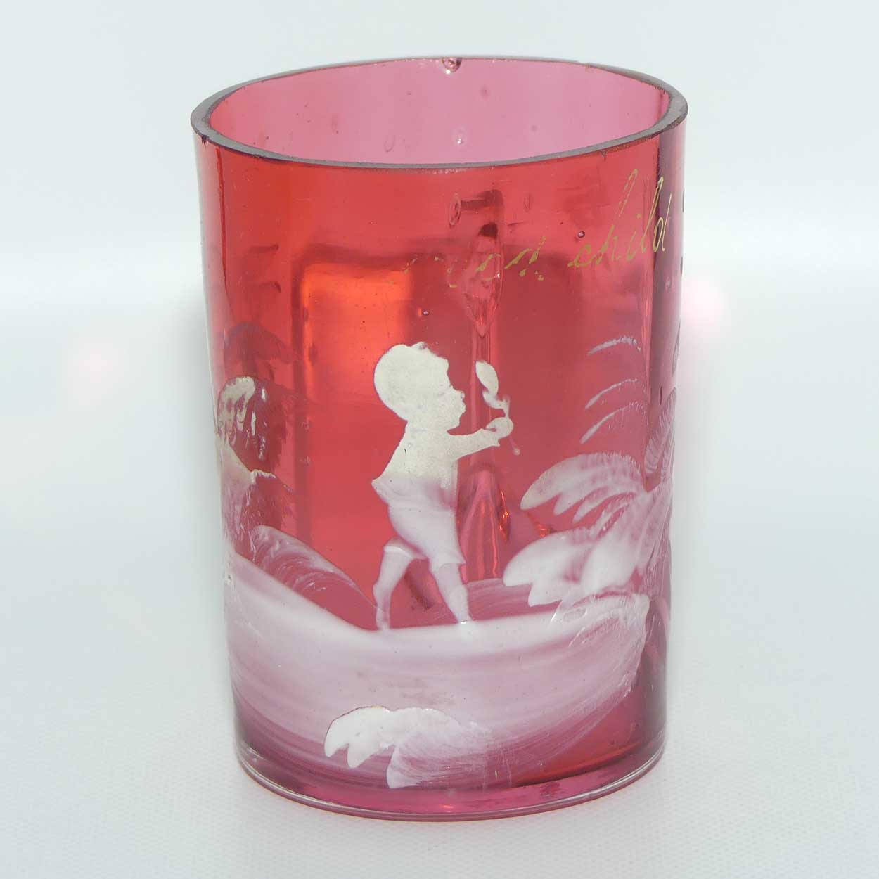 Mary Gregory on Cranberry Glass mug | Young Boy | Gilt Good Child and engraved Doris 1902