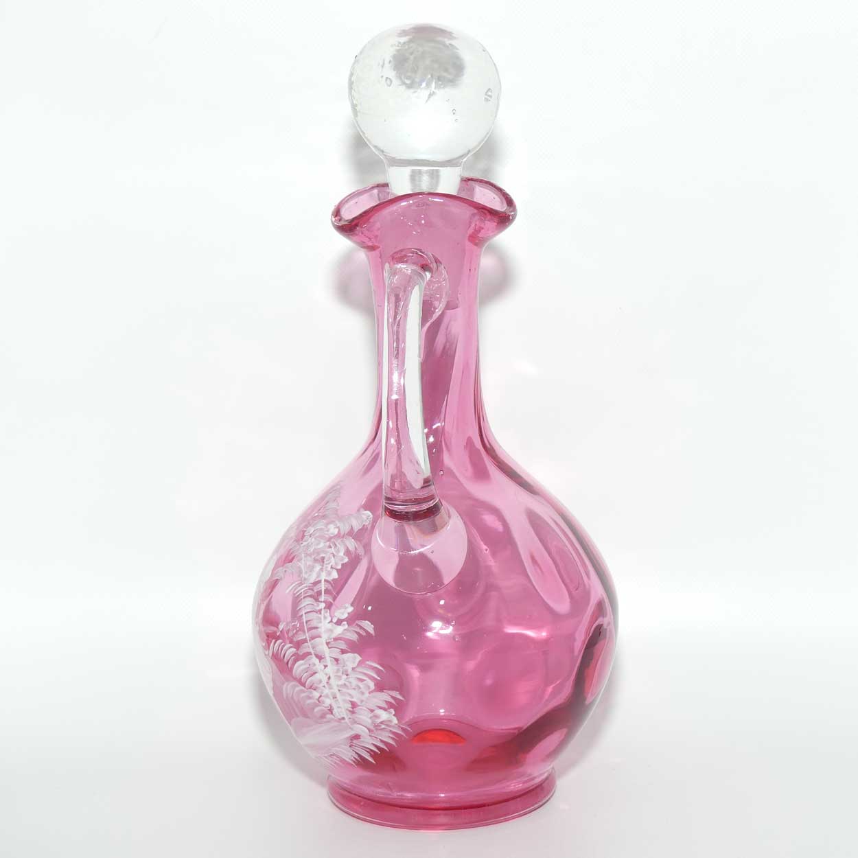 Mary Gregory on Cranberry Coin Dot decanter | Girl with Butterfly