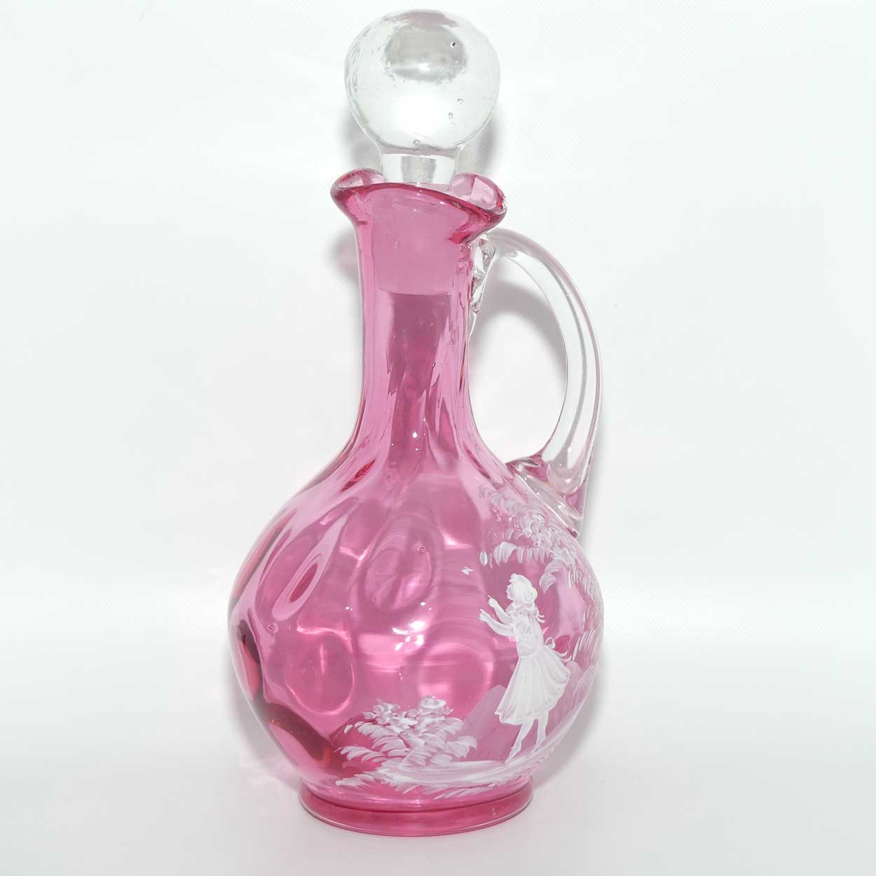 Mary Gregory on Cranberry Coin Dot decanter | Girl with Butterfly