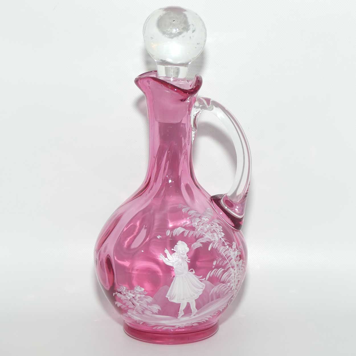 Mary Gregory on Cranberry Coin Dot decanter | Girl with Butterfly