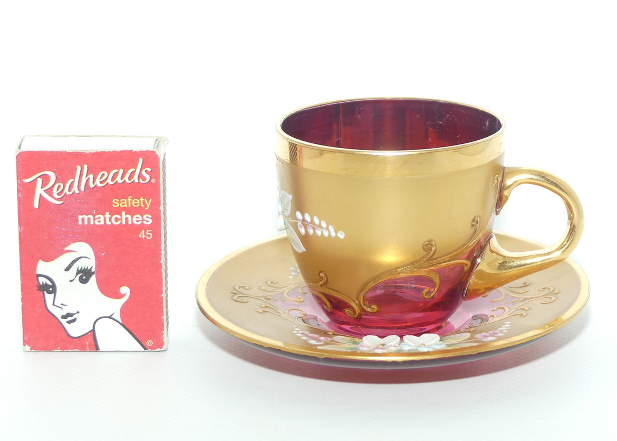 Vintage Bohemian Glass demi tasse duo | #1 | High Gilt and Floral Decor on Cranberry