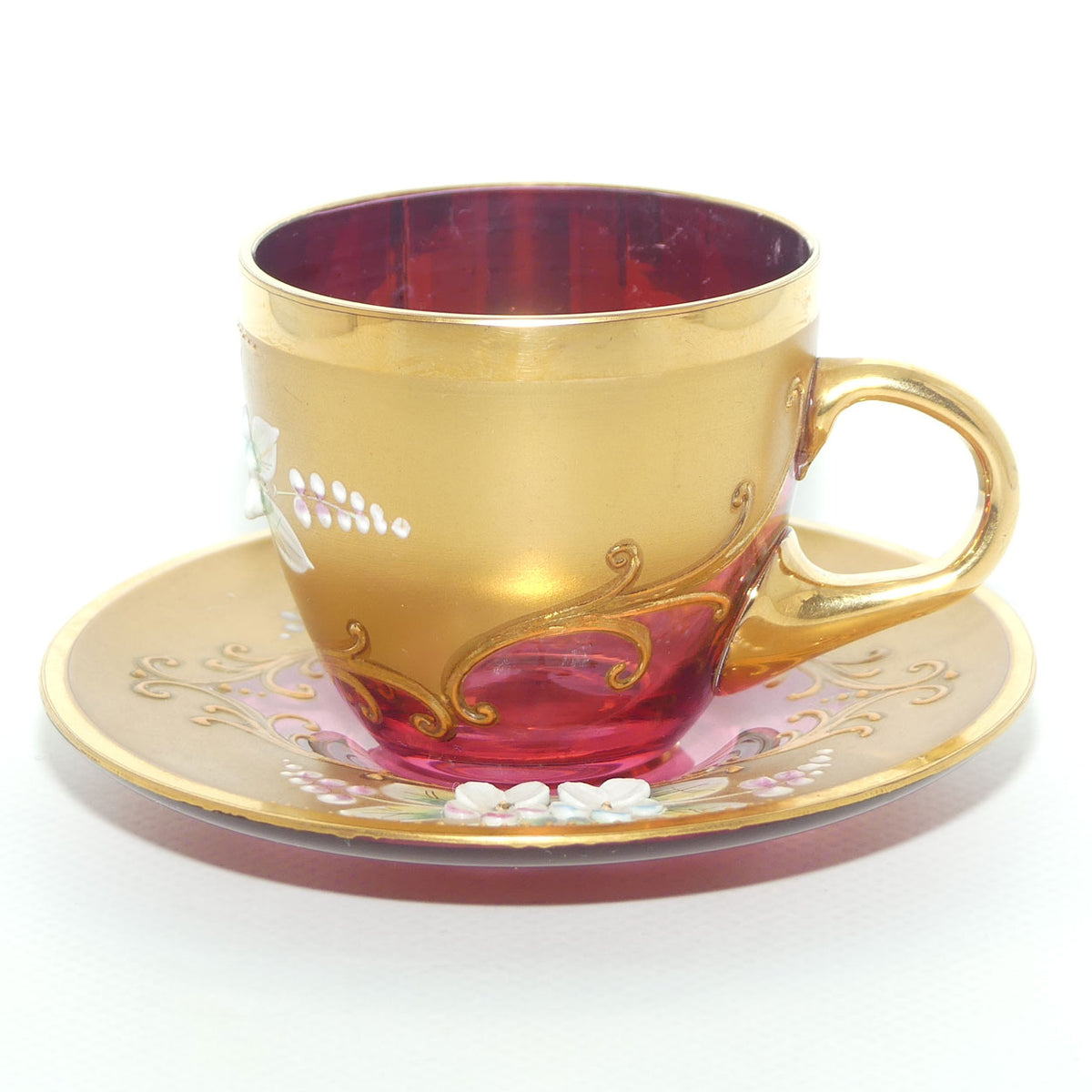 Vintage Bohemian Glass demi tasse duo | #1 | High Gilt and Floral Decor on Cranberry