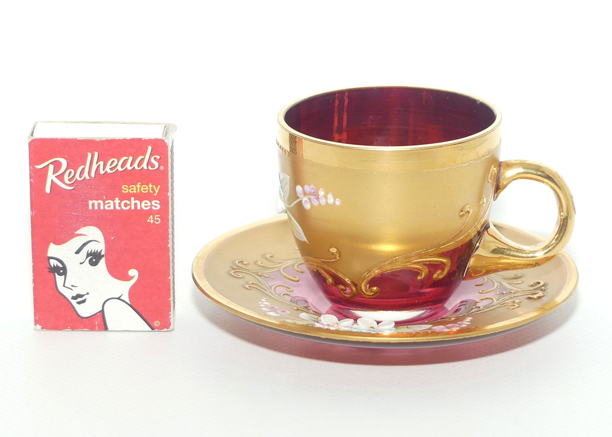 Vintage Bohemian Glass demi tasse duo | #3 | High Gilt and Floral Decor on Cranberry