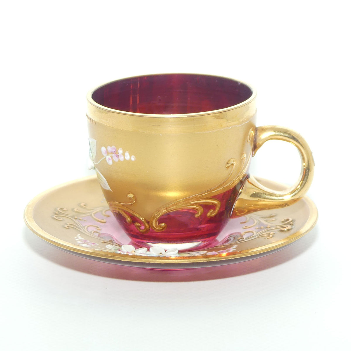 Vintage Bohemian Glass demi tasse duo | #3 | High Gilt and Floral Decor on Cranberry