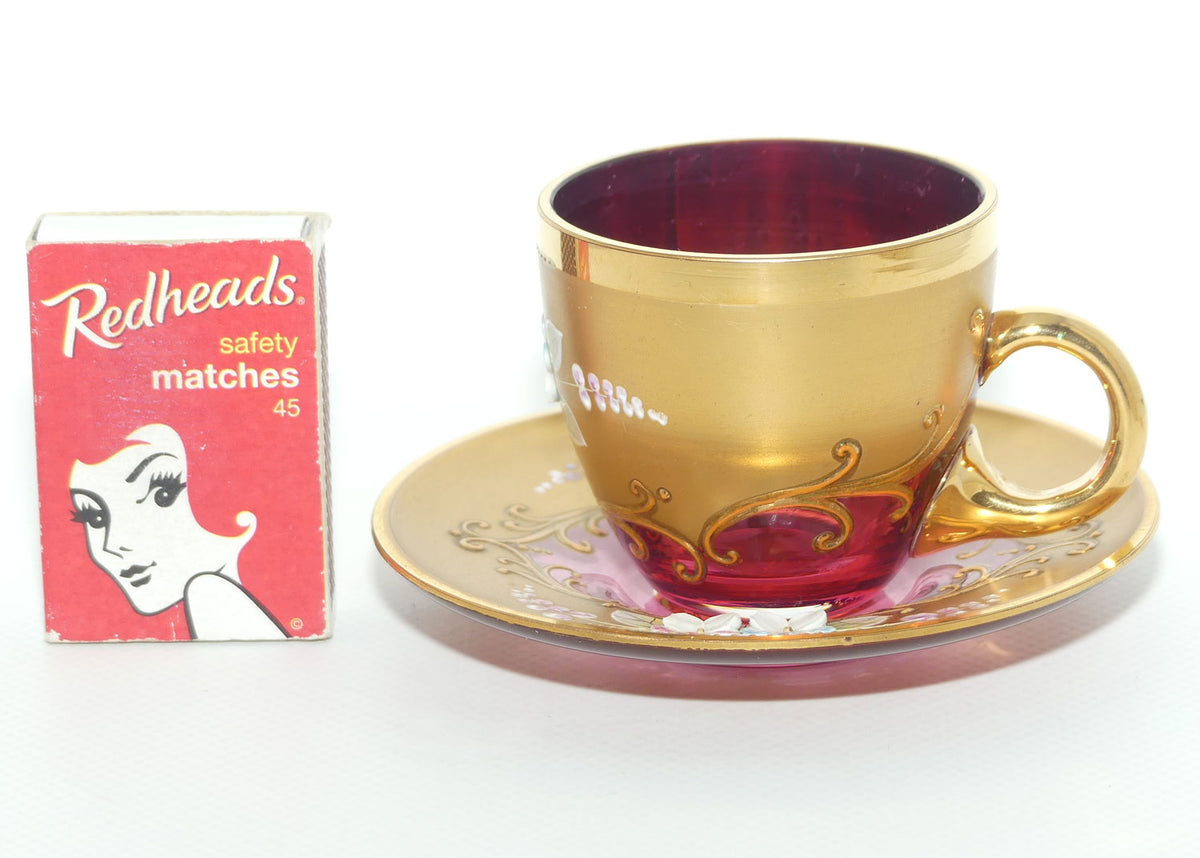 Vintage Bohemian Glass demi tasse duo | #4 | High Gilt and Floral Decor on Cranberry