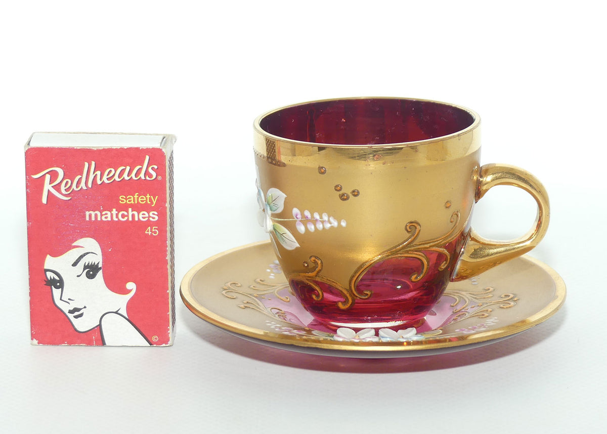 Vintage Bohemian Glass demi tasse duo | #5 | High Gilt and Floral Decor on Cranberry