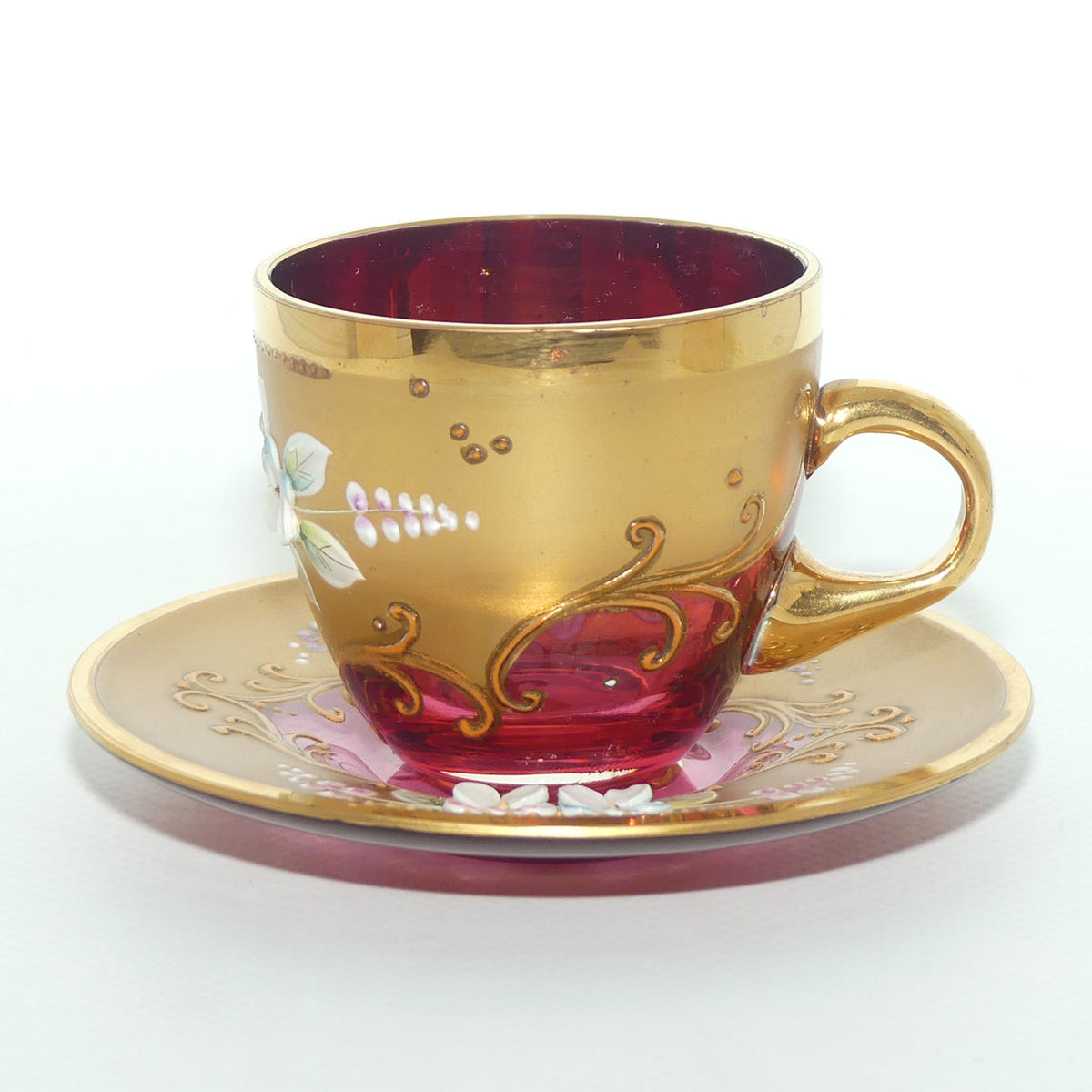 Vintage Bohemian Glass demi tasse duo | #5 | High Gilt and Floral Decor on Cranberry