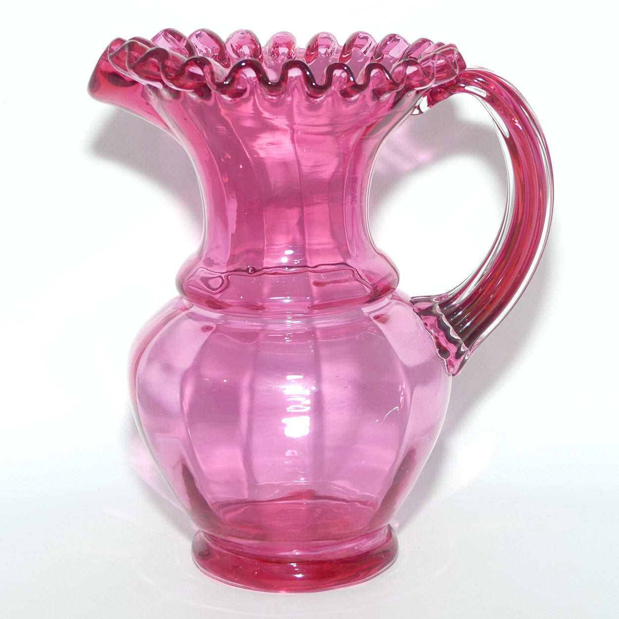 Victorian era Cranberry Glass frilled top jug | 20cm tall