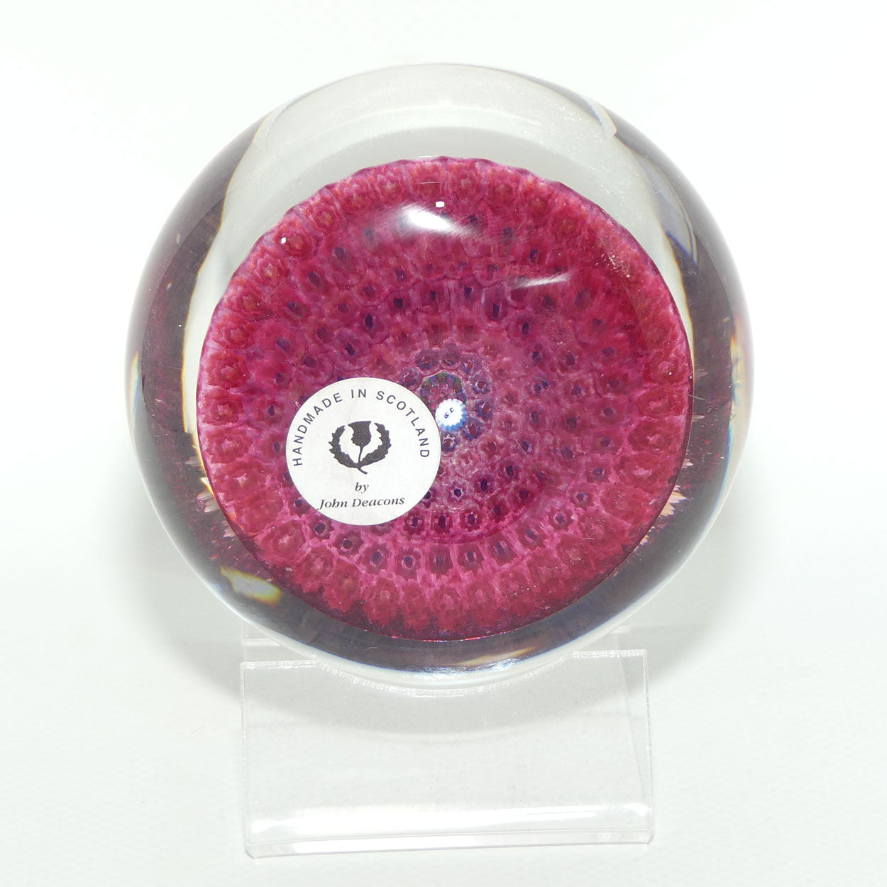John Deacons Scotland Concentric Millefiori Magnum paperweight | Cranberry