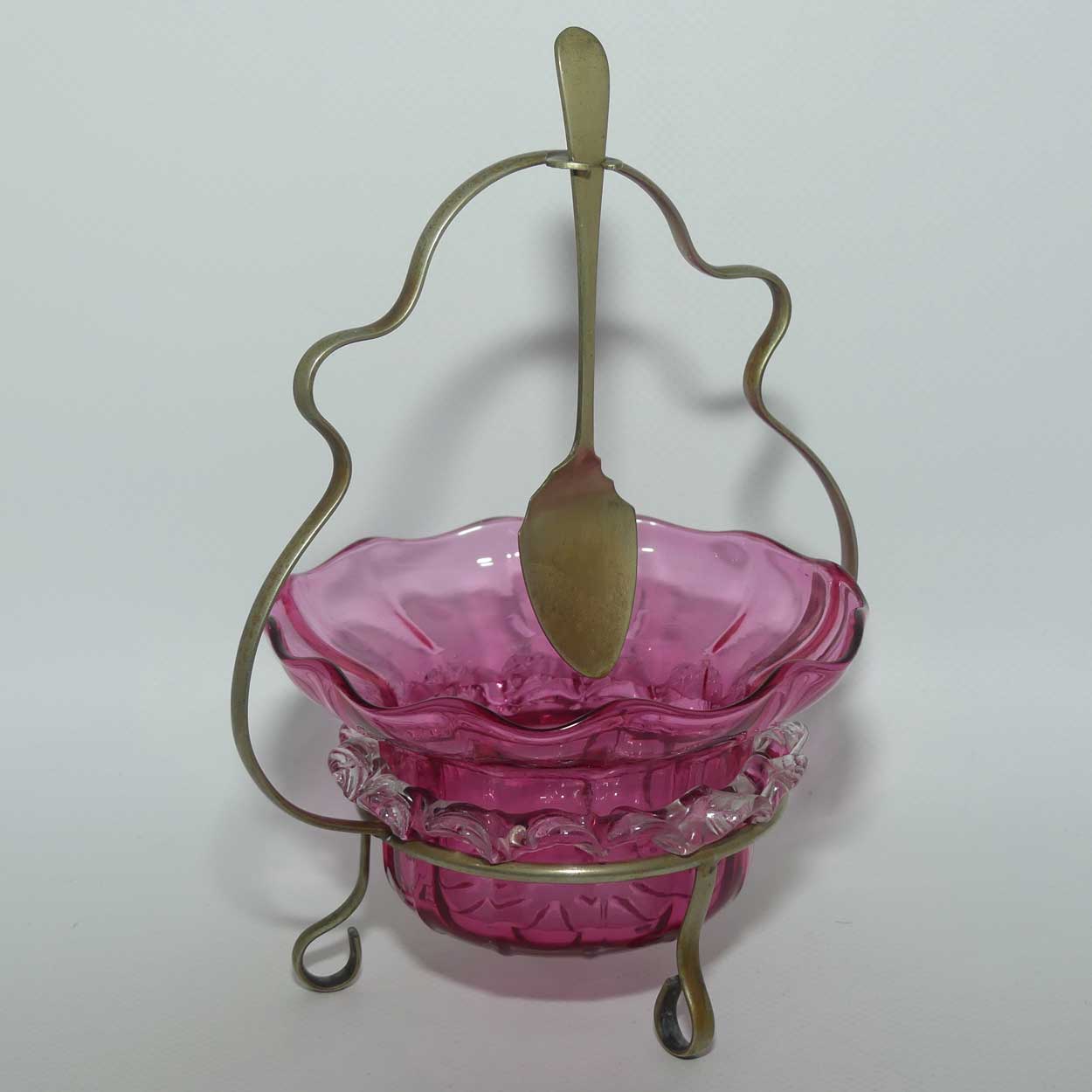 Victorian era Cranberry Glass bowl in stand with spoon