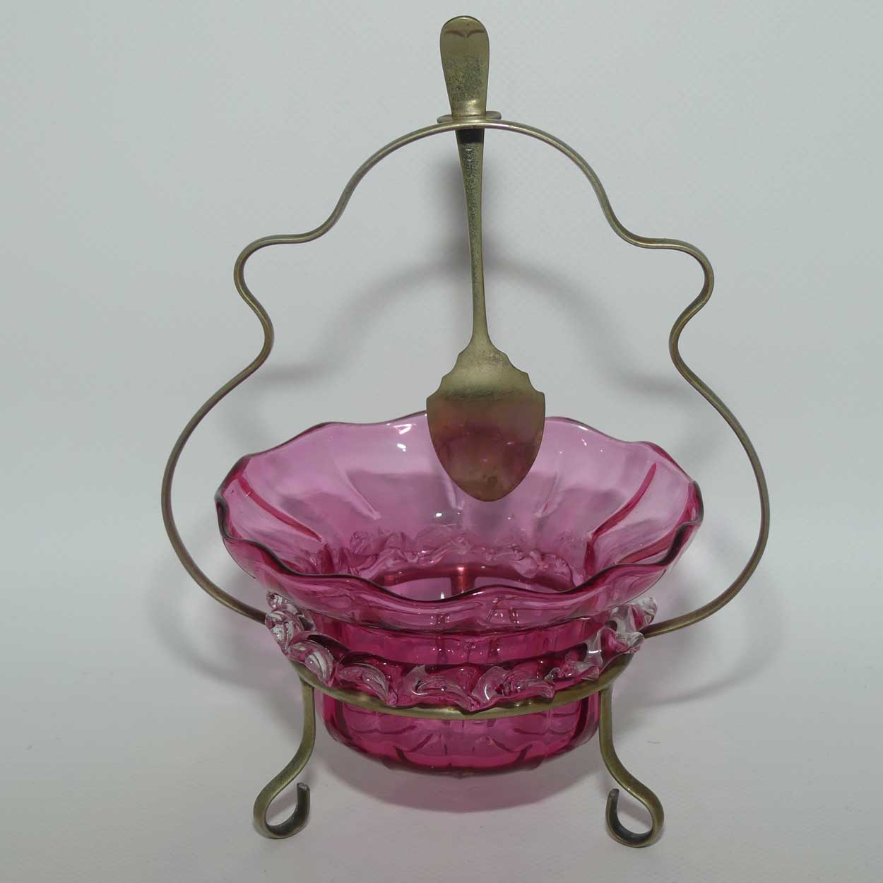 Victorian era Cranberry Glass bowl in stand with spoon