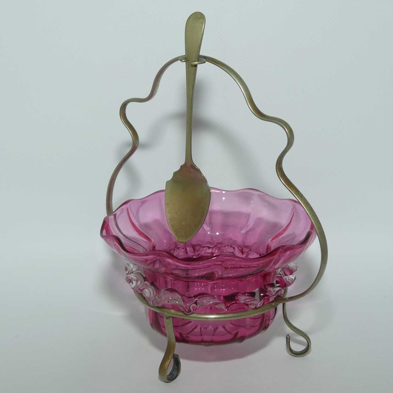 Victorian era Cranberry Glass bowl in stand with spoon