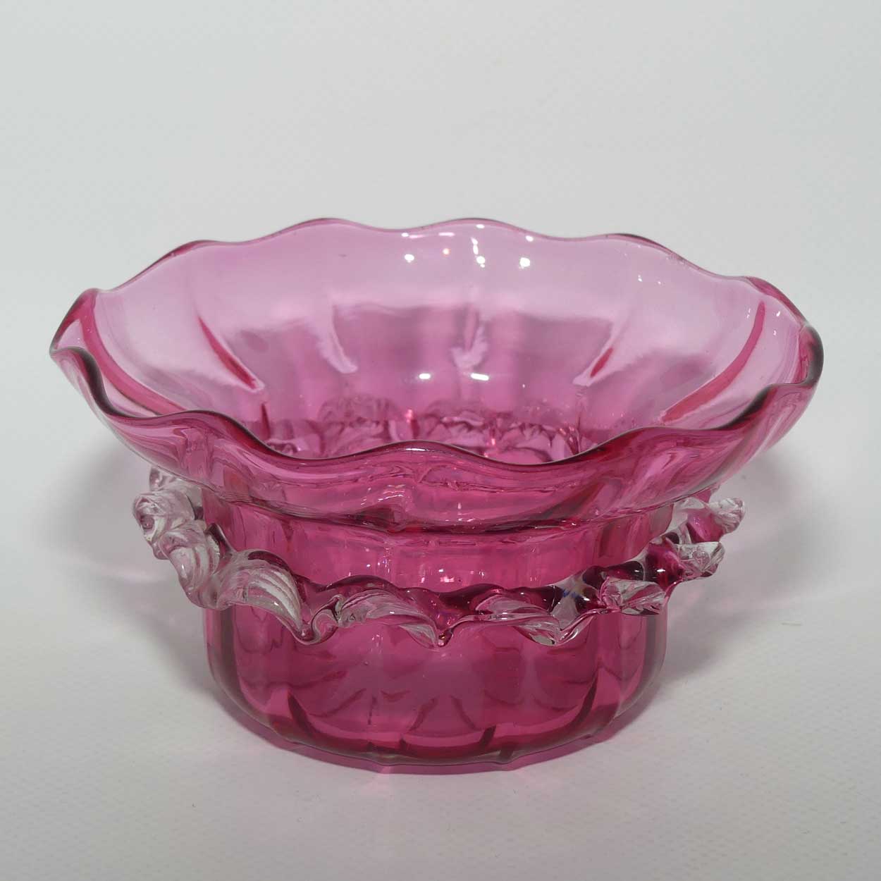 Victorian era Cranberry Glass bowl in stand with spoon