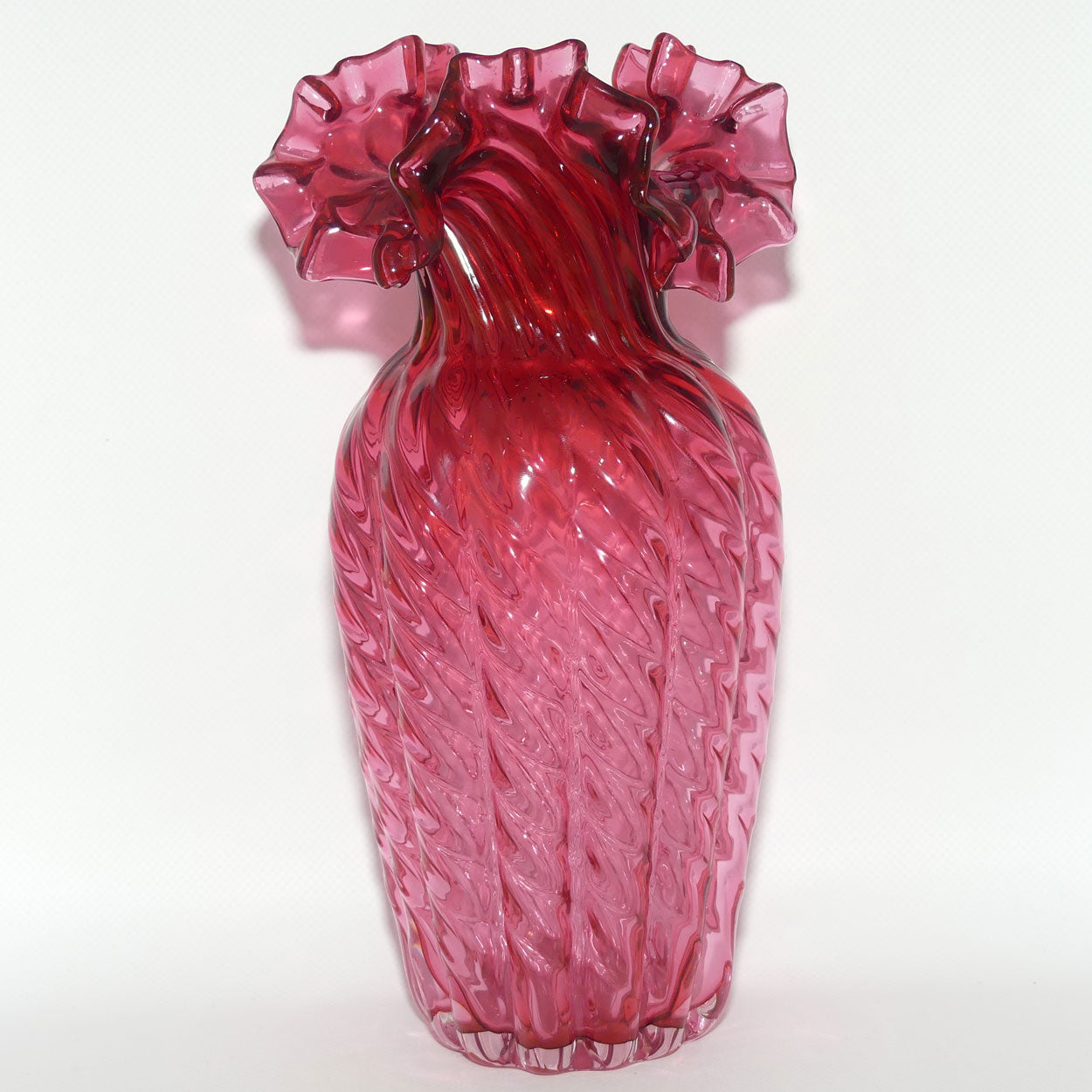 Vintage Victorian style Cranberry Glass frilled edge tall Melon shape vase
