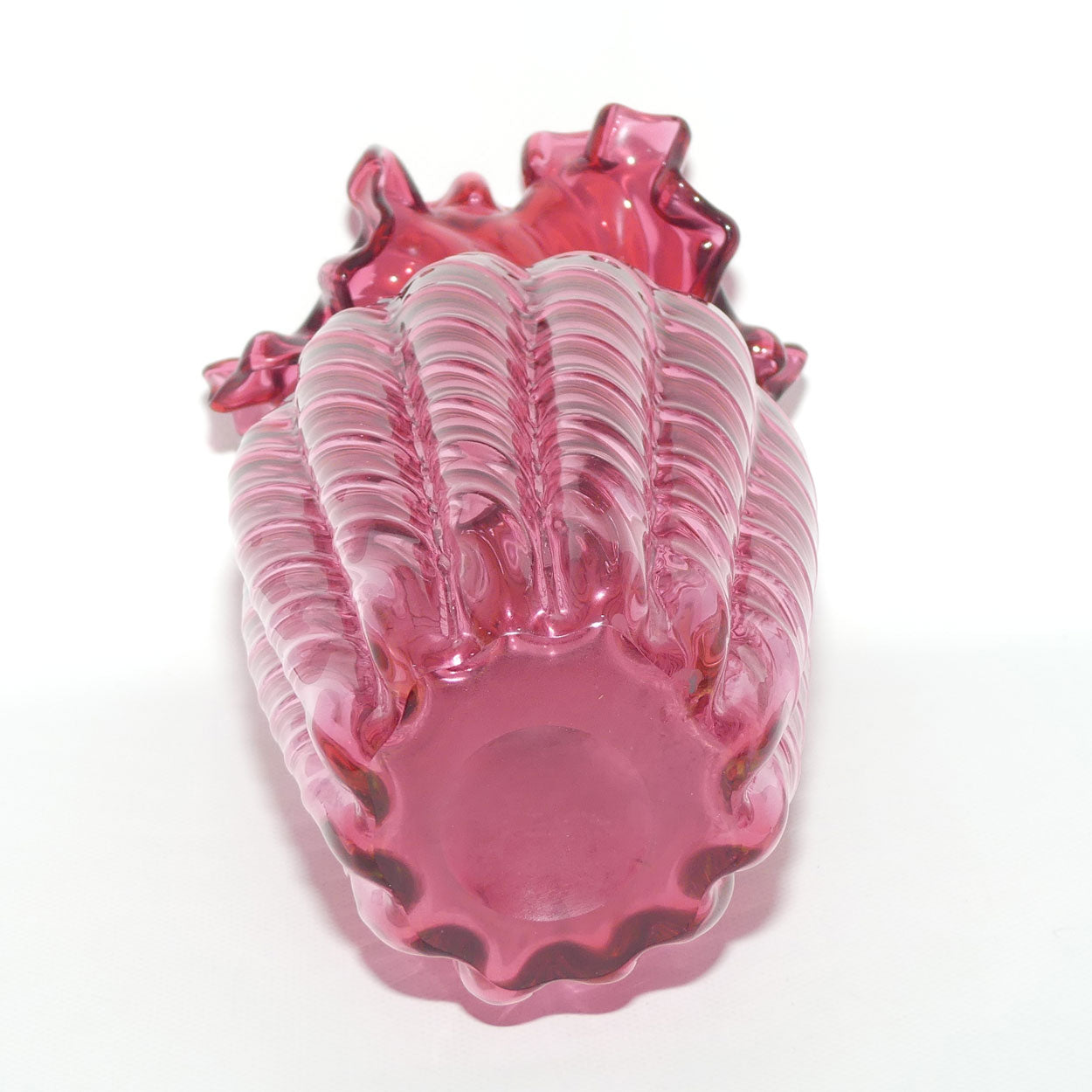 Vintage Victorian style Cranberry Glass frilled edge tall Melon shape vase
