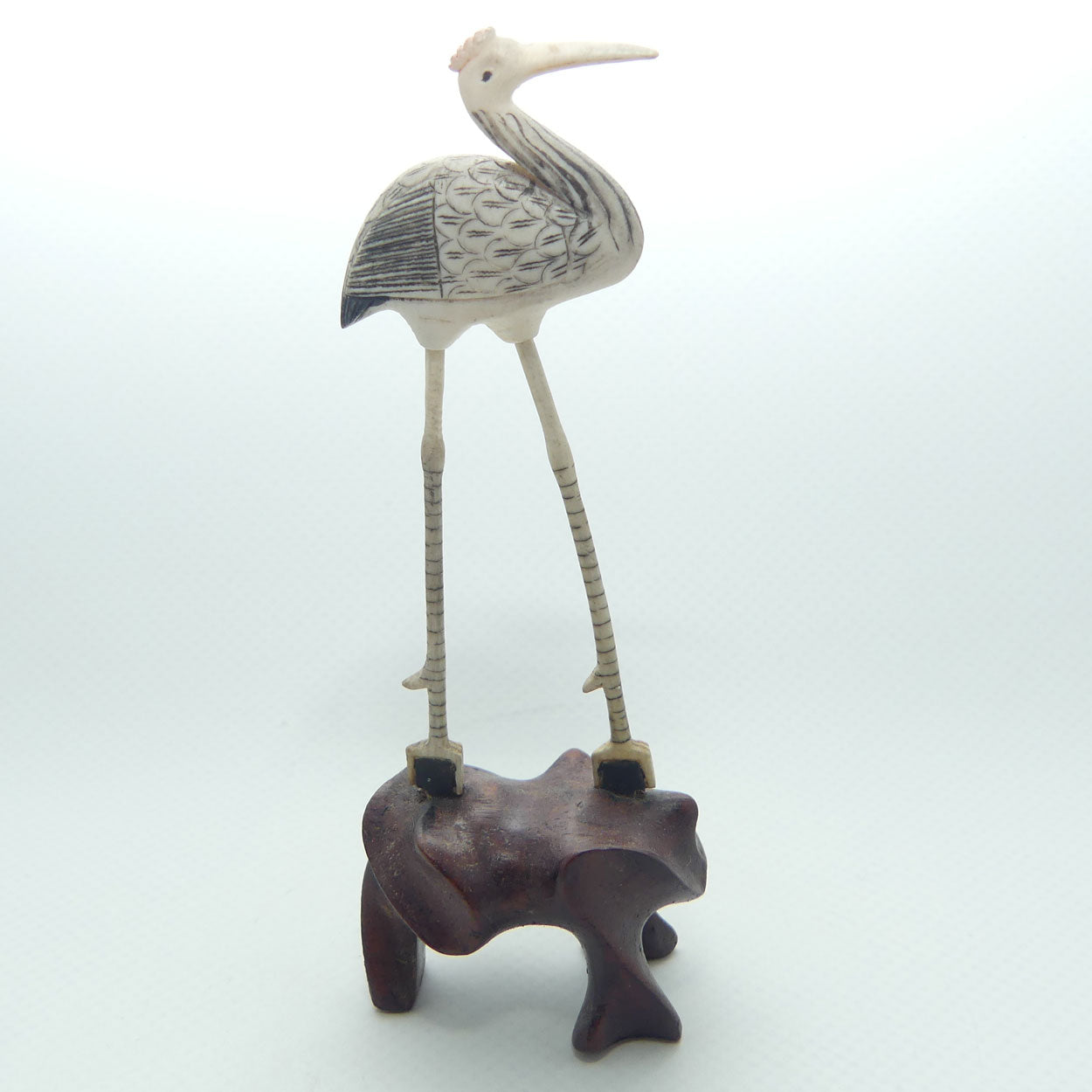 Mid 20th Century Ivory and Bone Carved Crane | Wooden Base