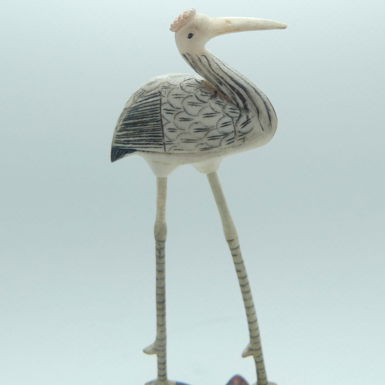 Mid 20th Century Ivory and Bone Carved Crane | Wooden Base
