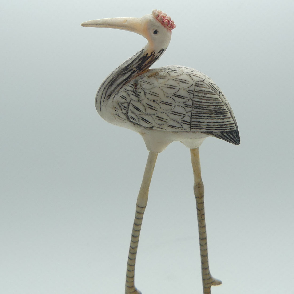 Mid 20th Century Ivory and Bone Carved Crane | Wooden Base