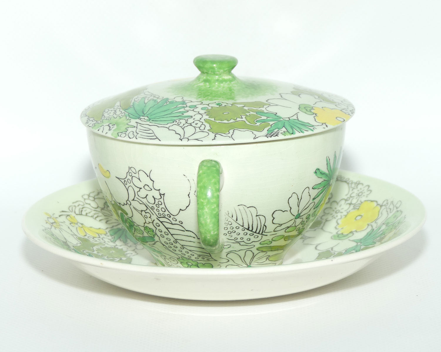 Clarice Cliff Bizarre Crepe de Chene lidded coupe on underplate | Green ground