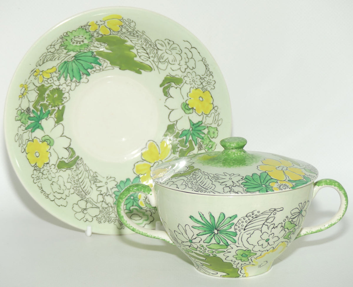 Clarice Cliff Bizarre Crepe de Chene lidded coupe on underplate | Green ground