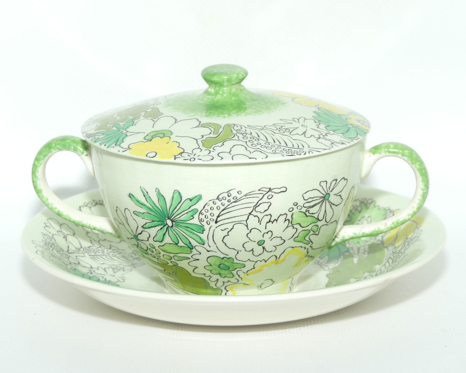 Clarice Cliff Bizarre Crepe de Chene lidded coupe on underplate | Green ground