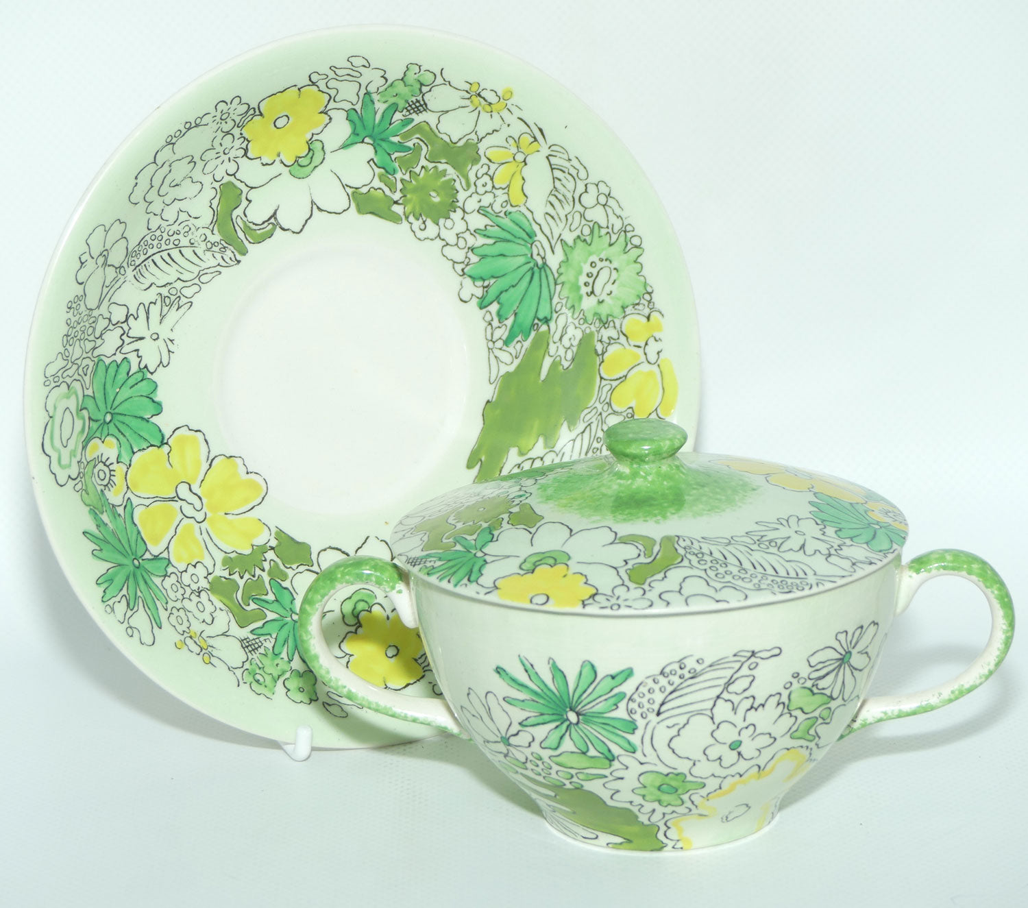 Clarice Cliff Bizarre Crepe de Chene lidded coupe on underplate | Green ground