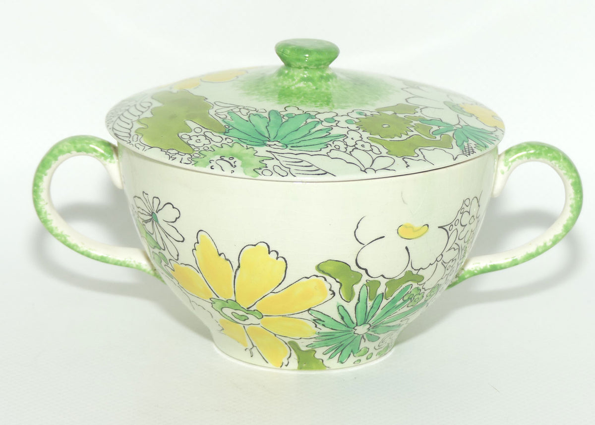 Clarice Cliff Bizarre Crepe de Chene lidded coupe on underplate | Green ground