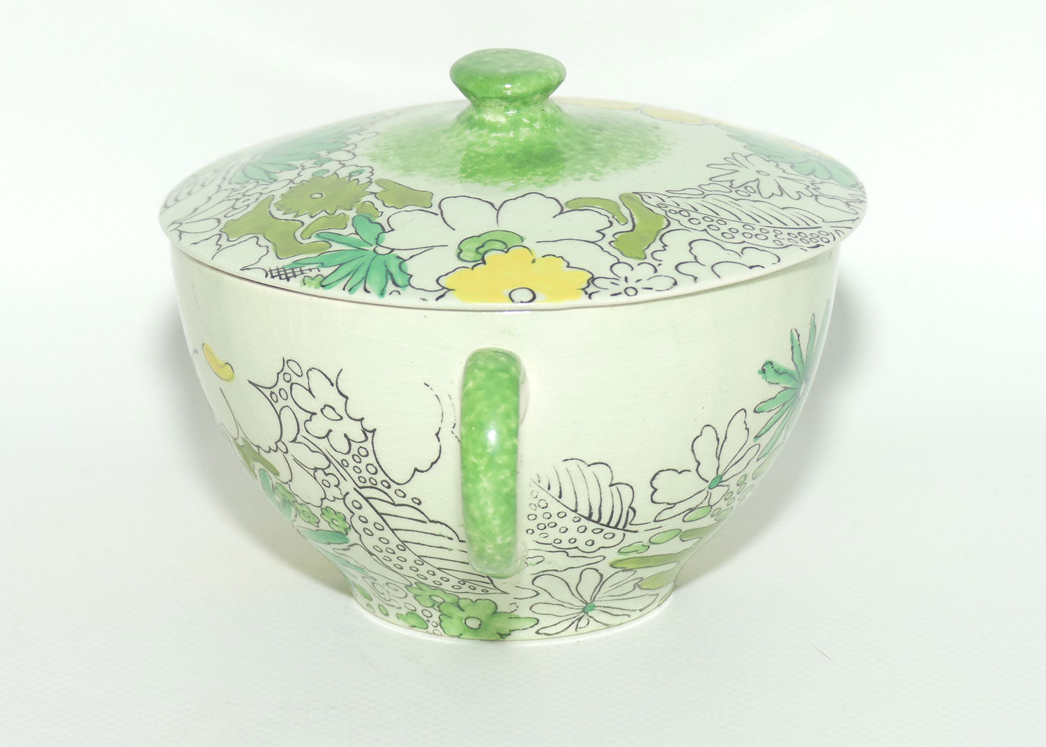 Clarice Cliff Bizarre Crepe de Chene lidded coupe on underplate | Green ground