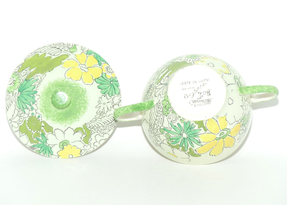 Clarice Cliff Bizarre Crepe de Chene lidded coupe on underplate | Green ground