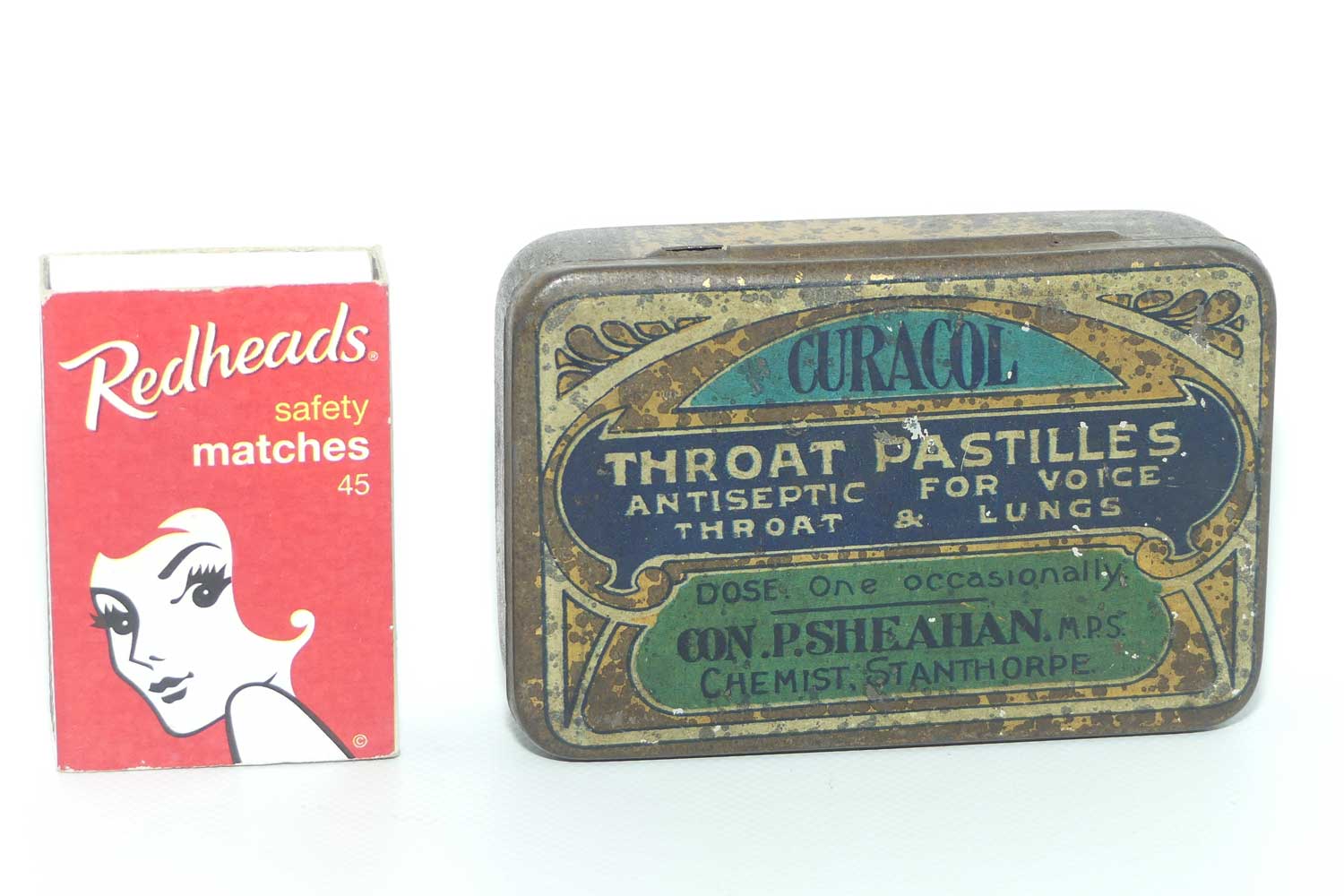Curacol Throat Pastilles tin | marked for Con P Sheahan Chemist, Stanthorpe