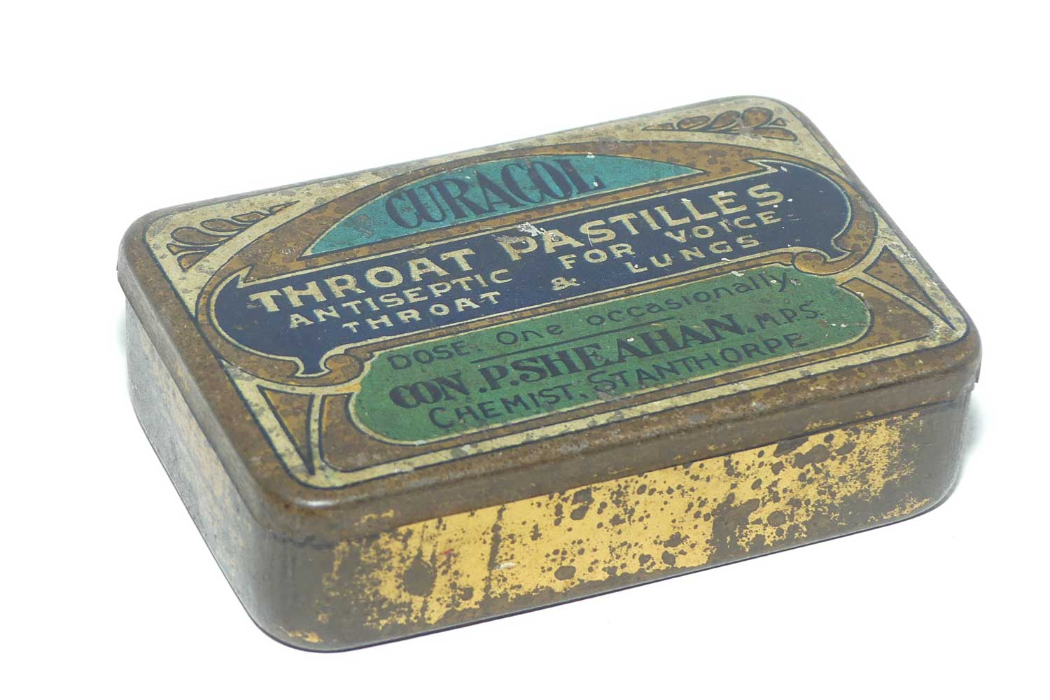 Curacol Throat Pastilles tin | marked for Con P Sheahan Chemist, Stanthorpe