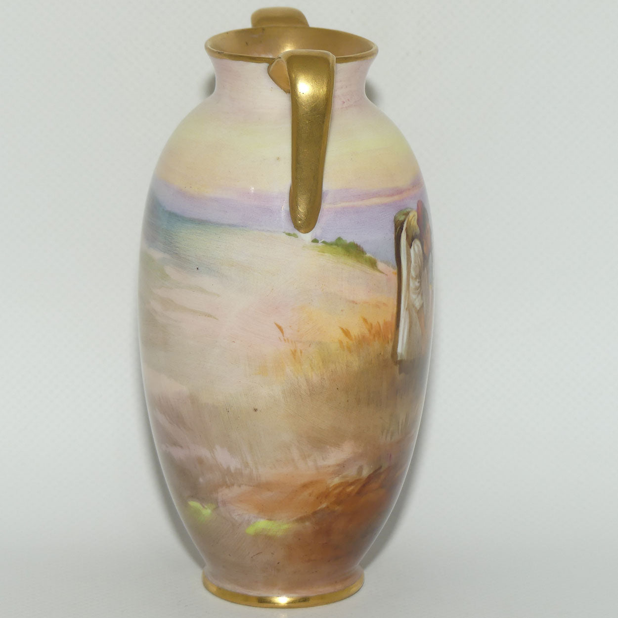 Royal Doulton hand painted & gilt twin handled Farm girl feeding chickens scene vase | Curnock