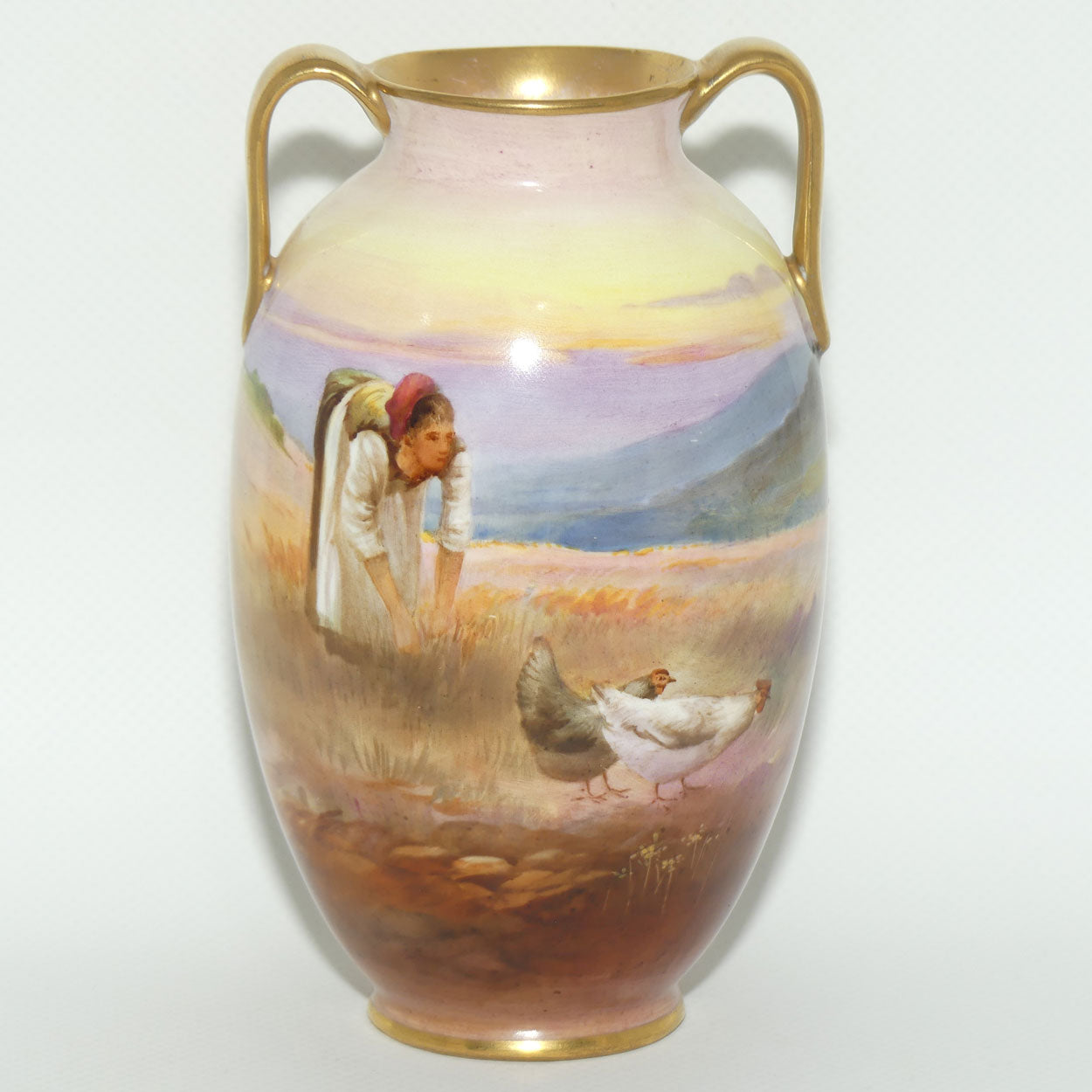 Royal Doulton hand painted & gilt twin handled Farm girl feeding chickens scene vase | Curnock