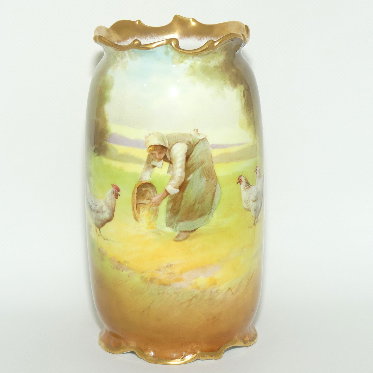 Royal Doulton hand painted & gilt Farm girl feeding hens and rooster scene vase (Curnock)