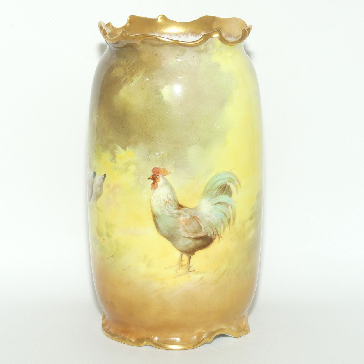 Royal Doulton hand painted & gilt Farm girl feeding hens and rooster scene vase (Curnock)