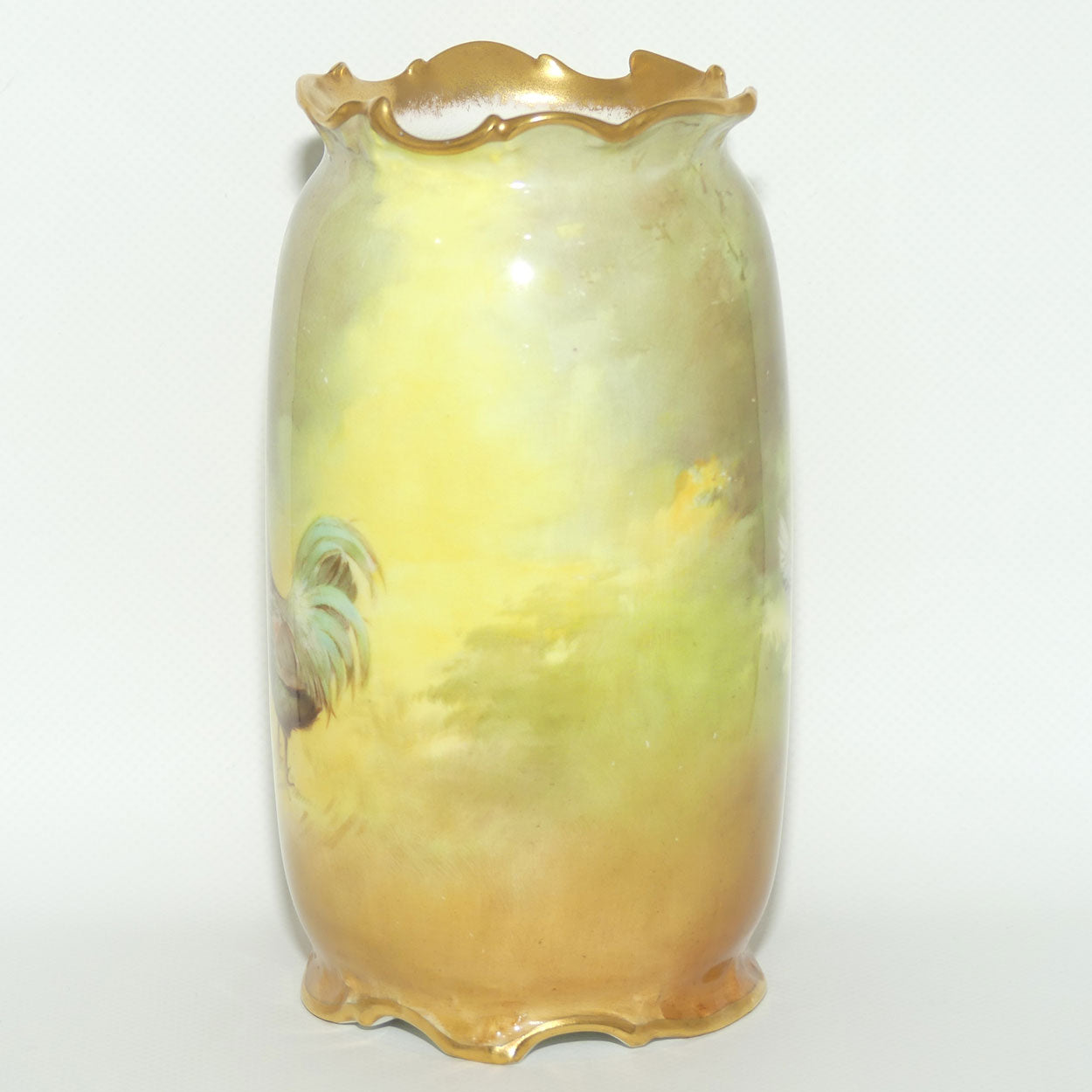 Royal Doulton hand painted & gilt Farm girl feeding hens and rooster scene vase (Curnock)