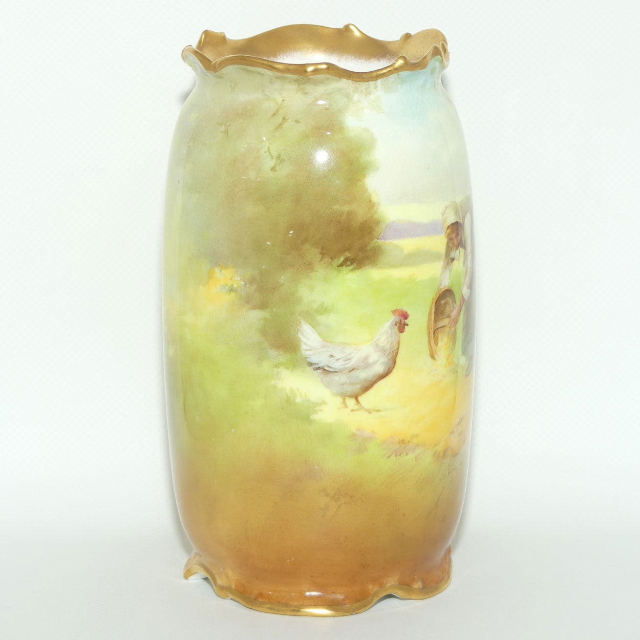 Royal Doulton hand painted & gilt Farm girl feeding hens and rooster scene vase (Curnock)
