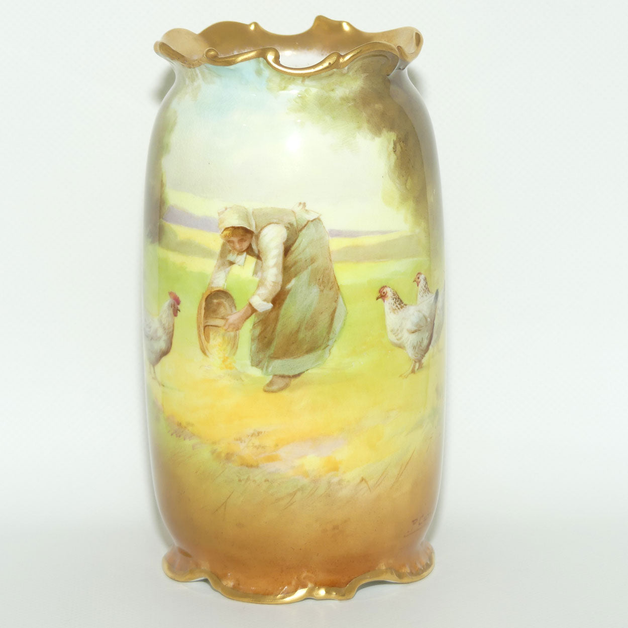 Royal Doulton hand painted & gilt Farm girl feeding hens and rooster scene vase (Curnock)