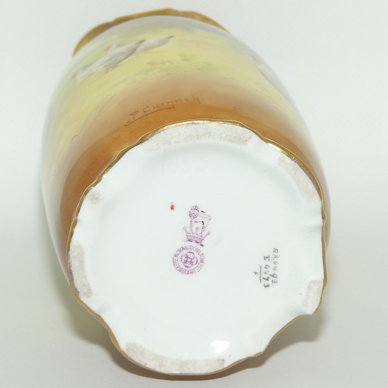 Royal Doulton hand painted & gilt Farm girl feeding hens and rooster scene vase (Curnock)